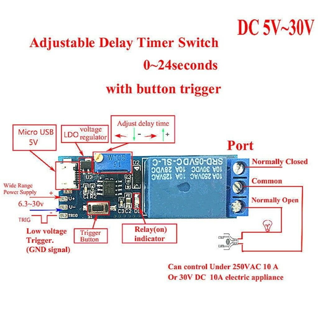 Wide Voltage 5V~30V   Relay Timer Module Delay Time Switch Blue