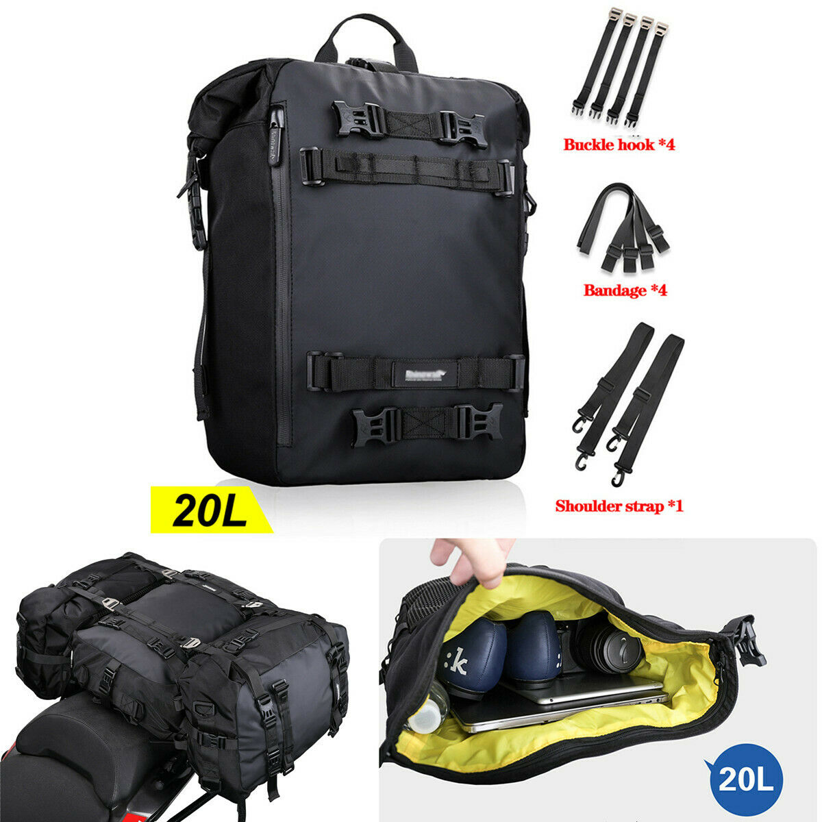 20L Black PVC Waterproof Motorcycle Rear Seat Luggage Storage Bag Back Tail Bags