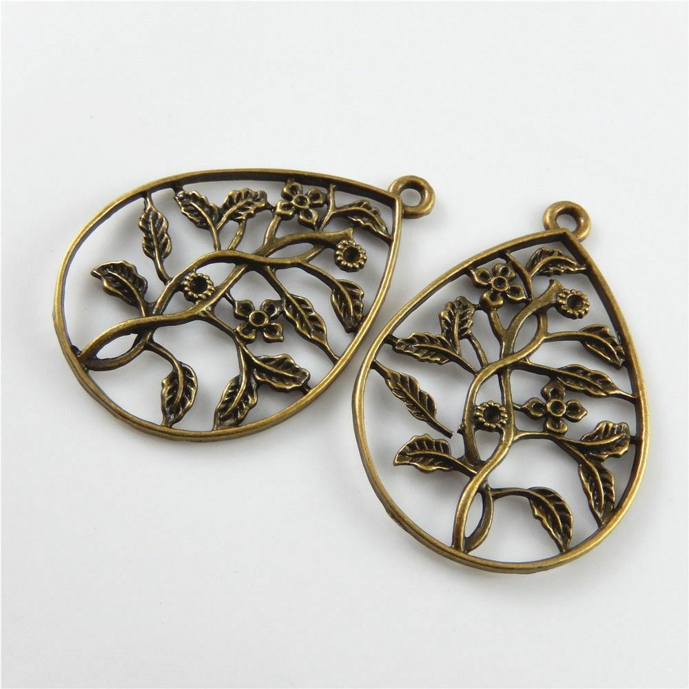 5-pack Retro Bronze Alloy Teardrop Pendant Hollowed Flower Branch Charm 54x41mm
