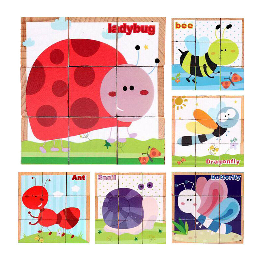 6 in 1 Wooden Animals/Insects Block Puzzle  Blocks Toddler Kids Toys