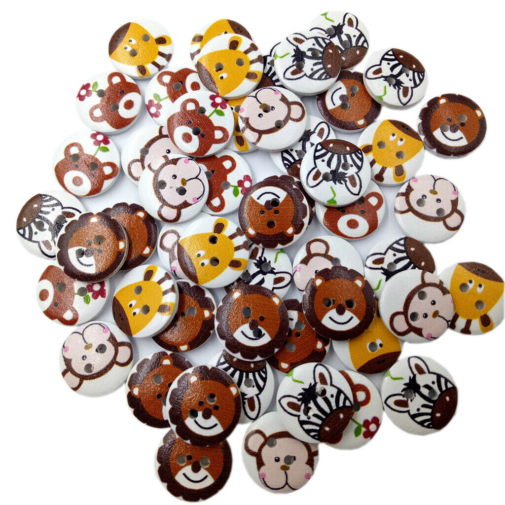50pcs Painted Wooden Cartoon Animals Buttons Sewing Crafts