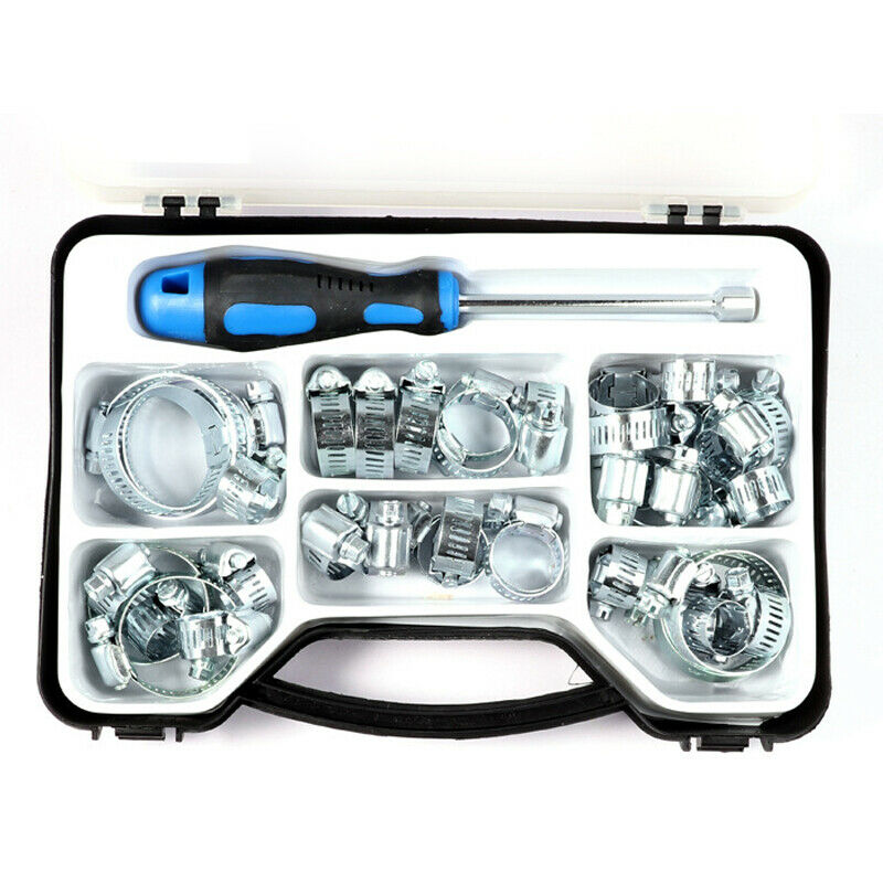 40Pcs Hose Clamp Stainless Steel Single Ear Clip Rings 7-44mm w/Screw Driver Box