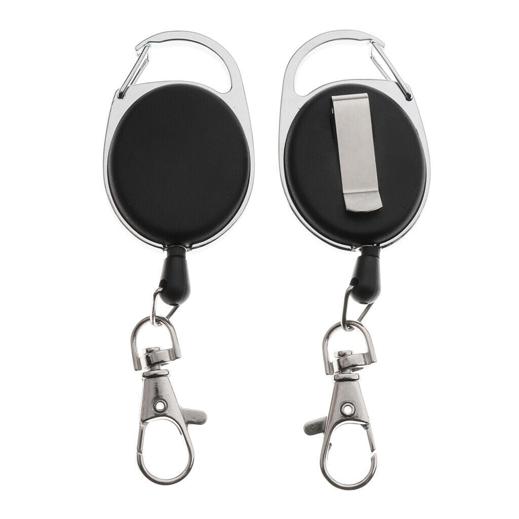 2x Black Retractable Key Reel - Recoil Cord Key Ring Pull Chain Belt Clip