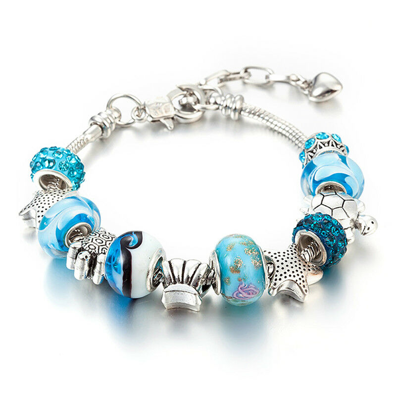 Ocean Shell Blue Crystal Beads Chain Bangle Bracelet Women Girl Charm JewelryBDA