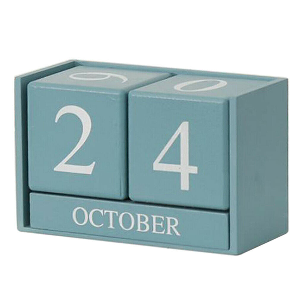 Wooden Perpetual Calendar Desktop Block Wood Calendar for Home Office Blue