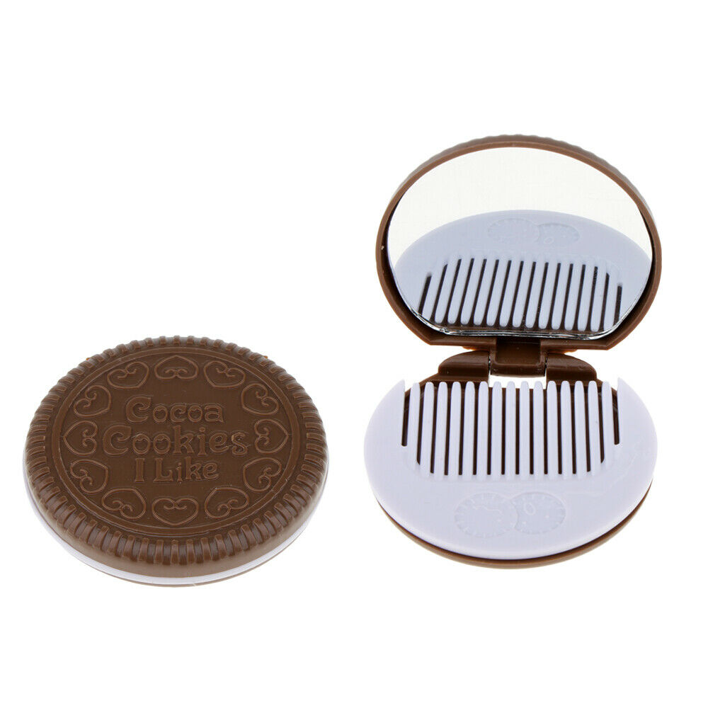 2 Round Folding Makeup Mirror Compact with Comb Pocket Biscuit Size Cute Brown