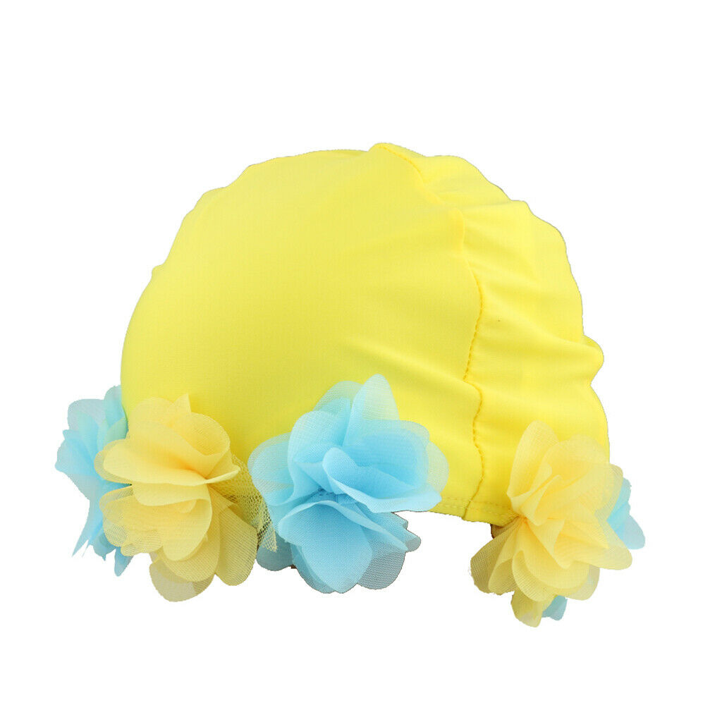 Kids Childrens Childs 0-6 Years Flower Fabric Swimming Hat Swim   Yellow
