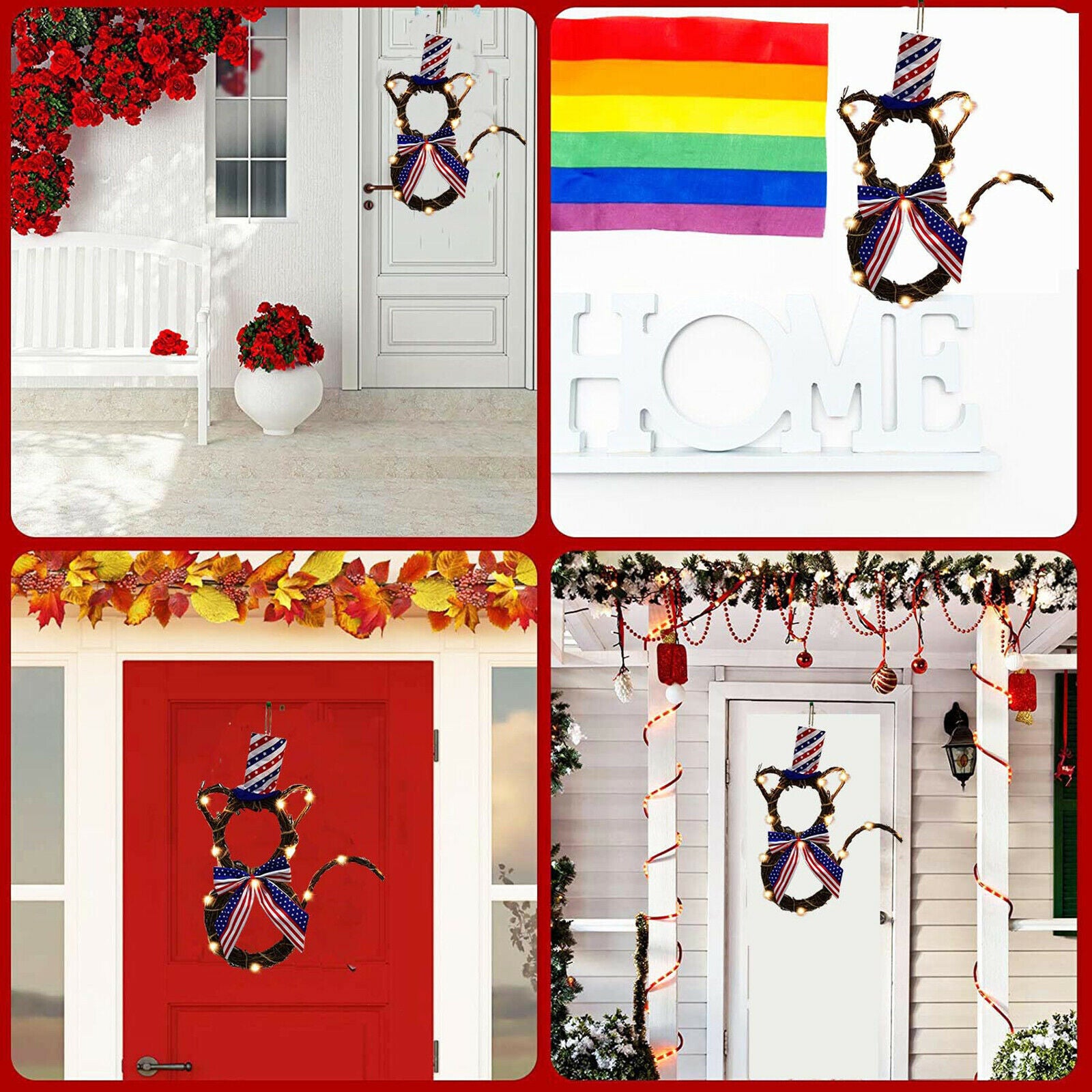 Front Door Wall ^Light^String}} Rattan Cat Wreath Home Summer Garland Decor