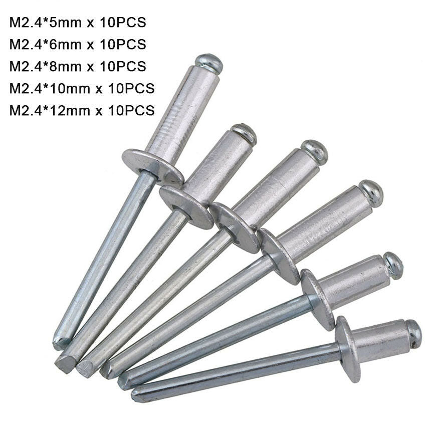 50Pcs M2.4 Blind Pop Rivets Kit - Aluminium Body Steel Stem | L5~12mm