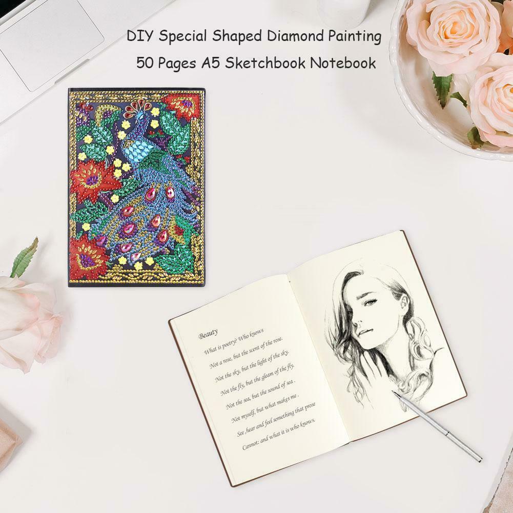 DIY Peafowl Special Shaped Diamond Painting 50 Pages Sketchbook A5 Notebook @