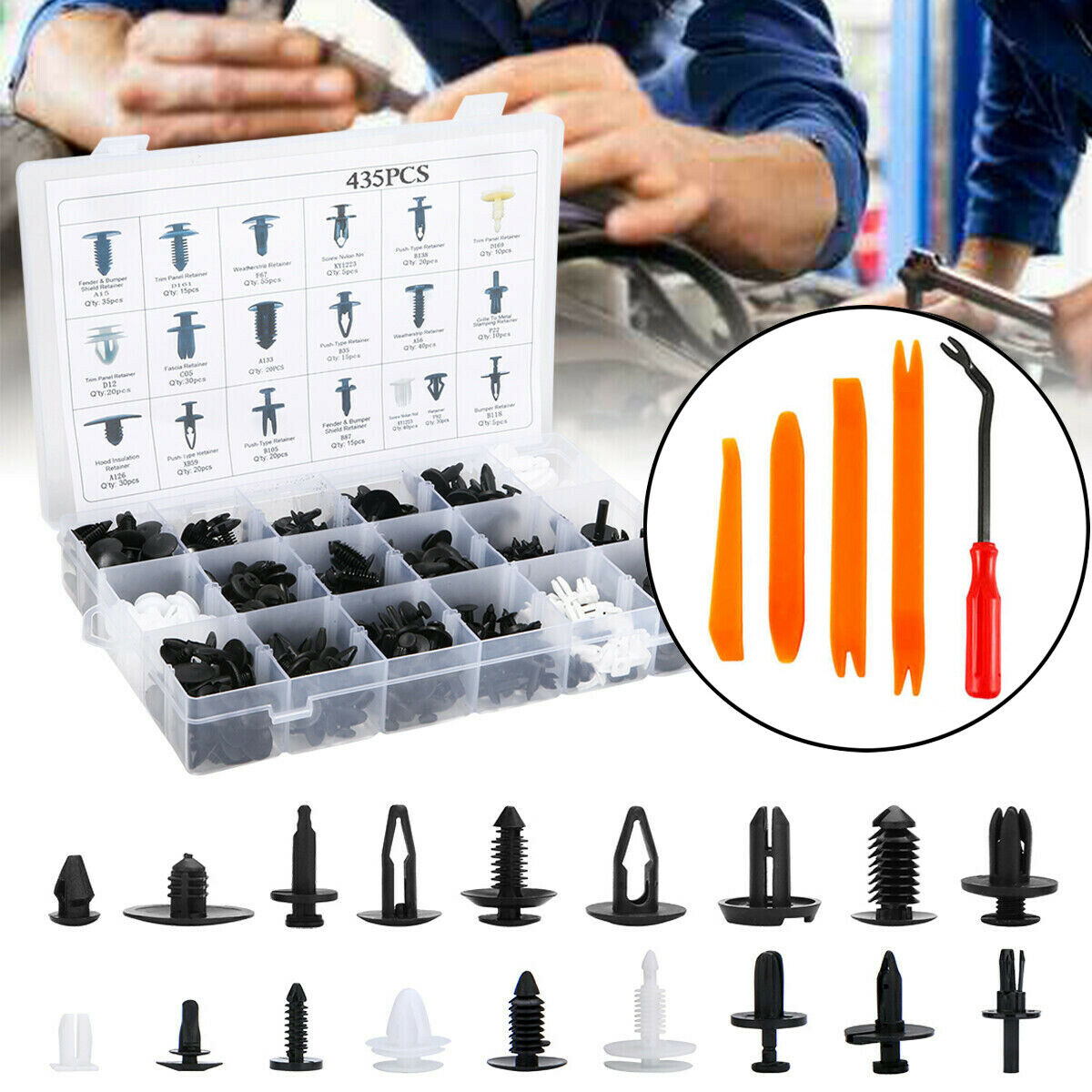 435pcs Car Bumper Door Push Pin Fastener Rivet Trim Panel Clips+5 Removal Tools