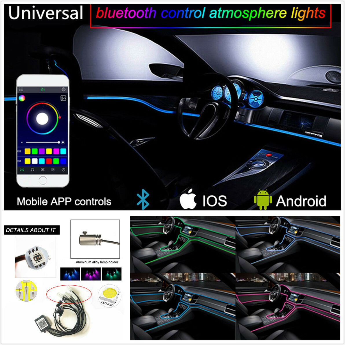 6M RGB LED Car Interior Neon EL Strip Light Sound Active Bluetooth Phone Control
