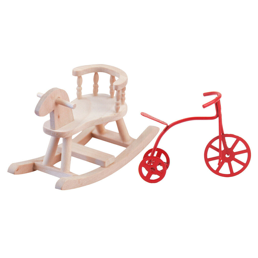 1:12 Wooden Rocking Horse Chair + Red Tricycle Bike for Baby Room Ornaments