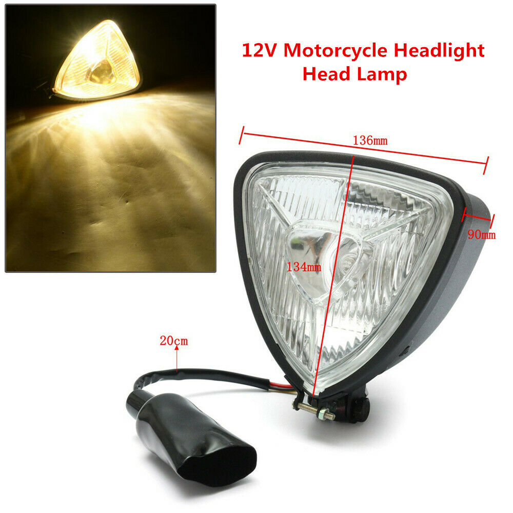 12V Motorcycle Triangle Headlight Head Lamp H3 Light Bulb Steel Black housing