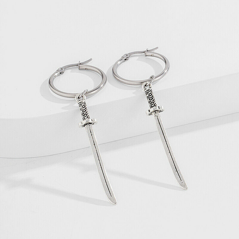 Fashion Sword Shape Pendant Tassel Drop Dangle Earrings Stud Women Men Je.l8