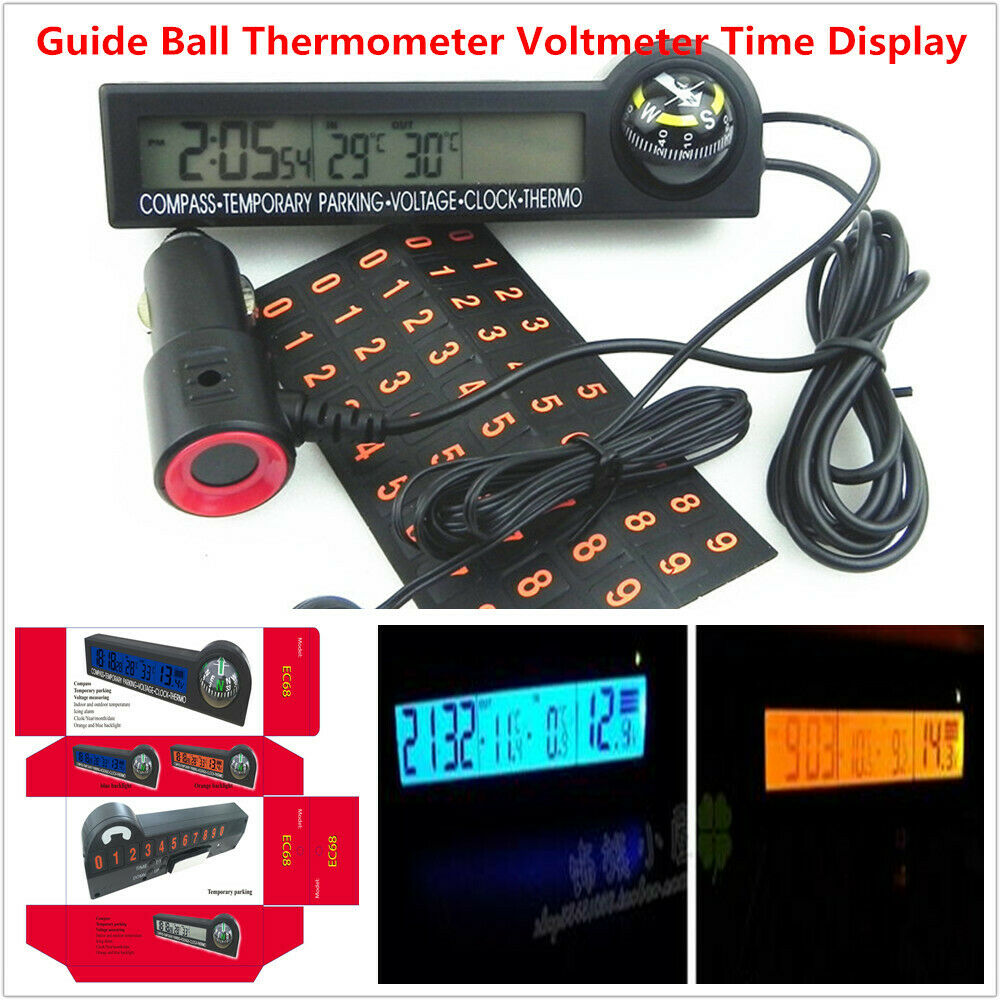 Car Guide Ball Thermometer Voltmeter Time Display LED Backlit Electronic Clock