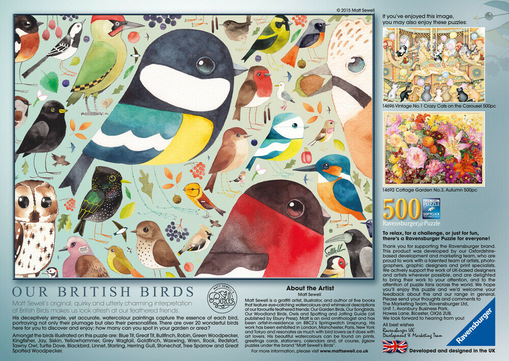 14697 Ravensburger Matt Sewell's Our British Birds Jigsaw 500pc Puzzle 10+