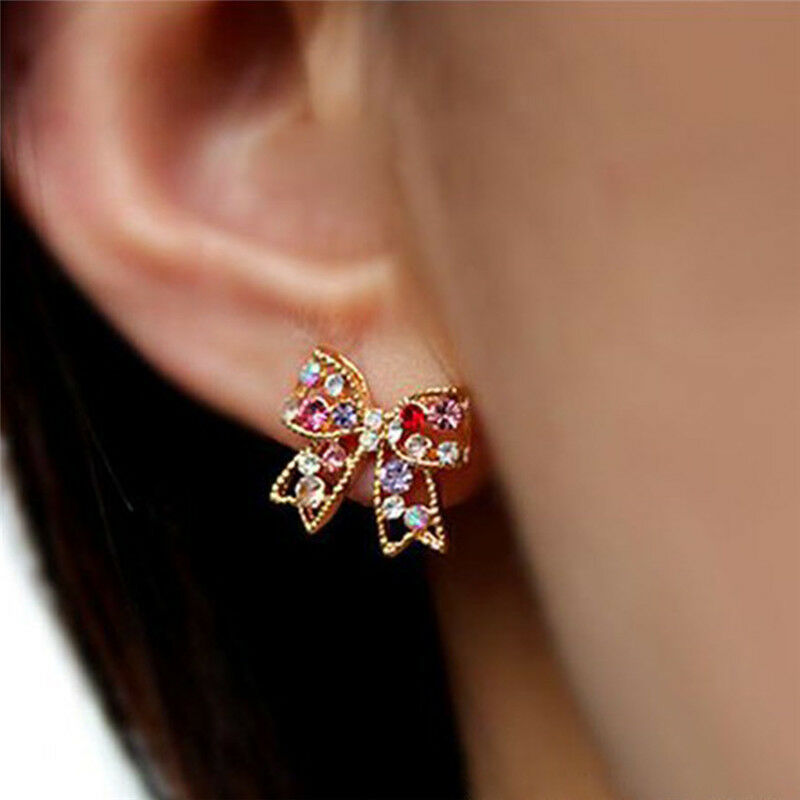 Charming Girl's Colorful Crystal Rhinestone Golden Bowknot Charm Stud Earring LQ