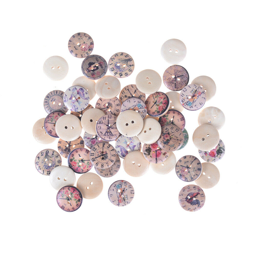 50pcs/set Retro Clocks Woodens Buttons 2Holes Painted Mini Wooden Buttons Cra SJ