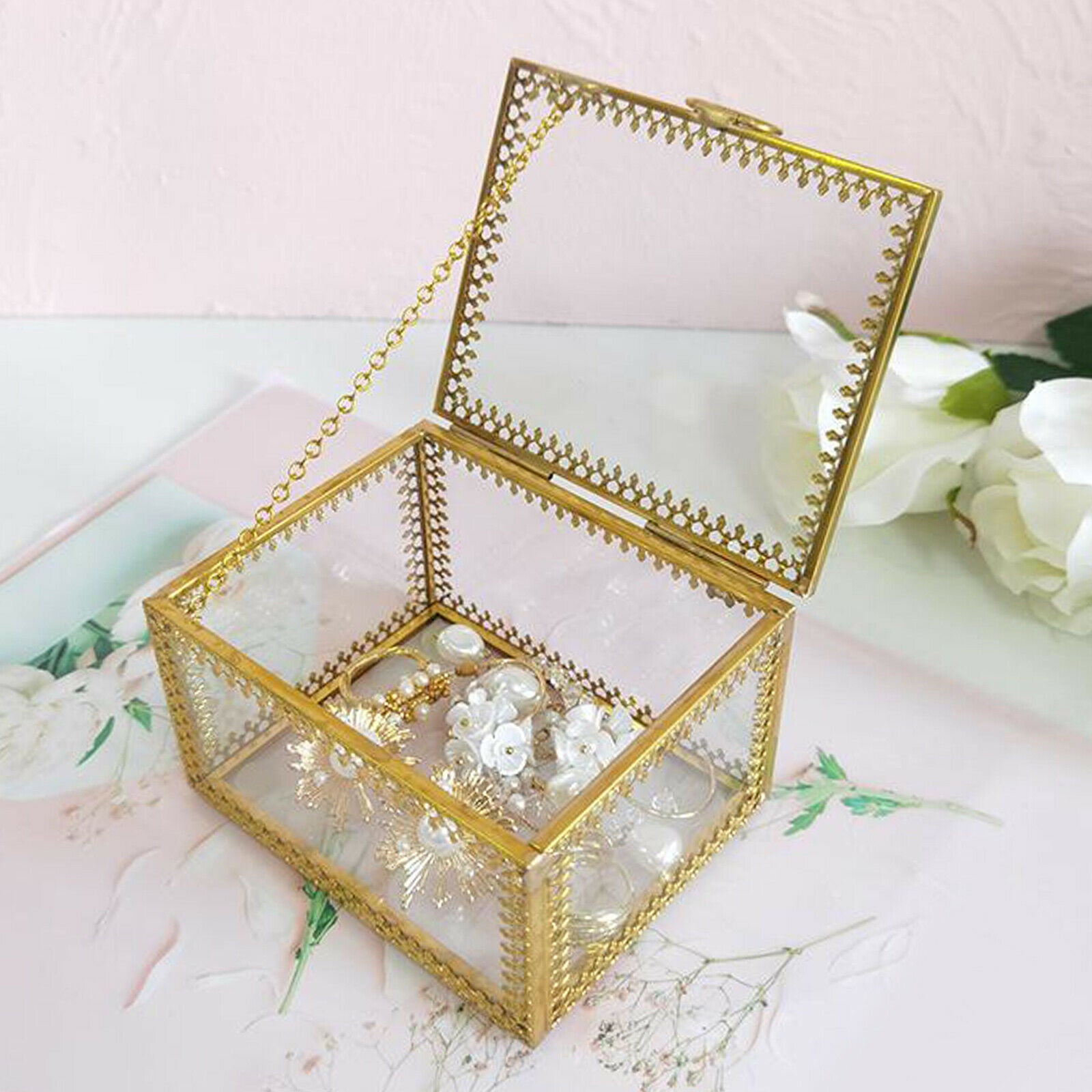 Jewelry Trinket Glass Box Ornate   Earring Box Keepsake Decorative Box for