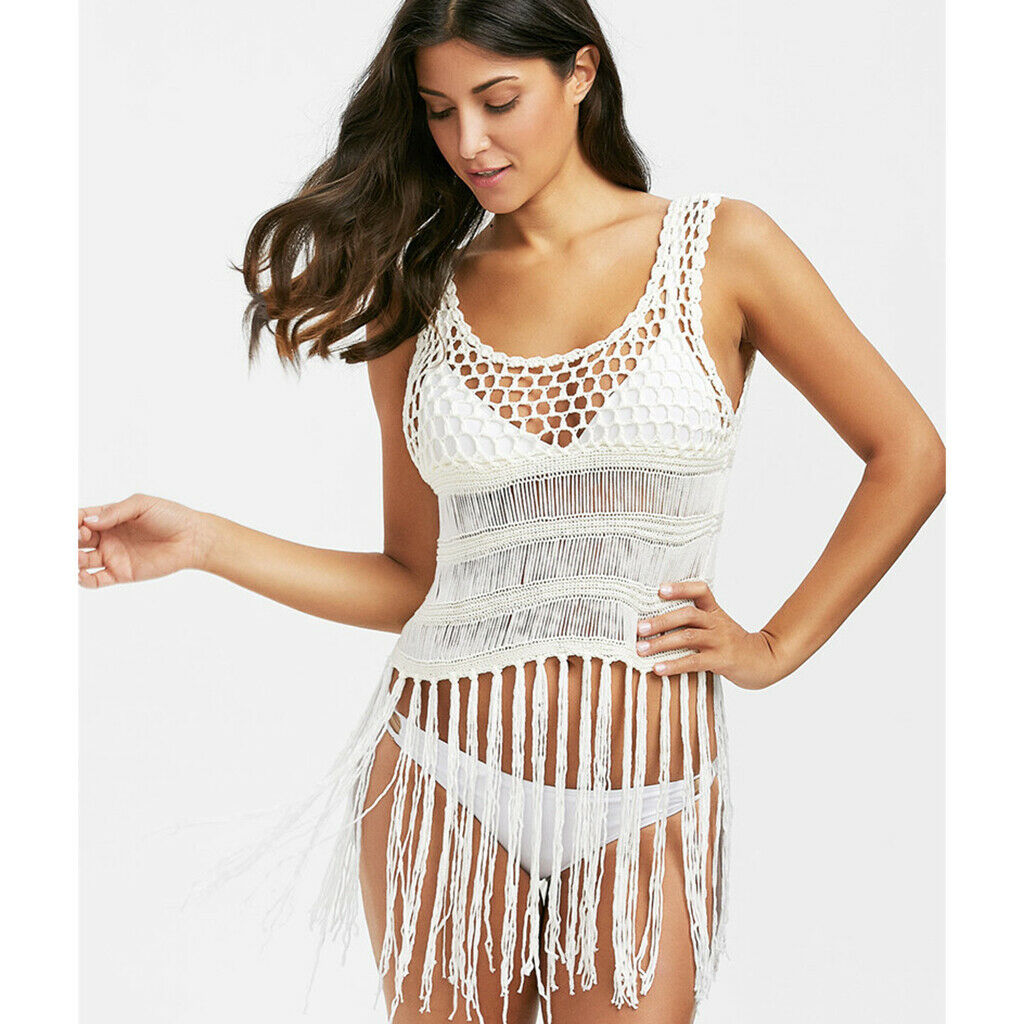 Women Crochet Knit Tank Camis Fringe Tassel Bikini Cover Ups Swimwear White