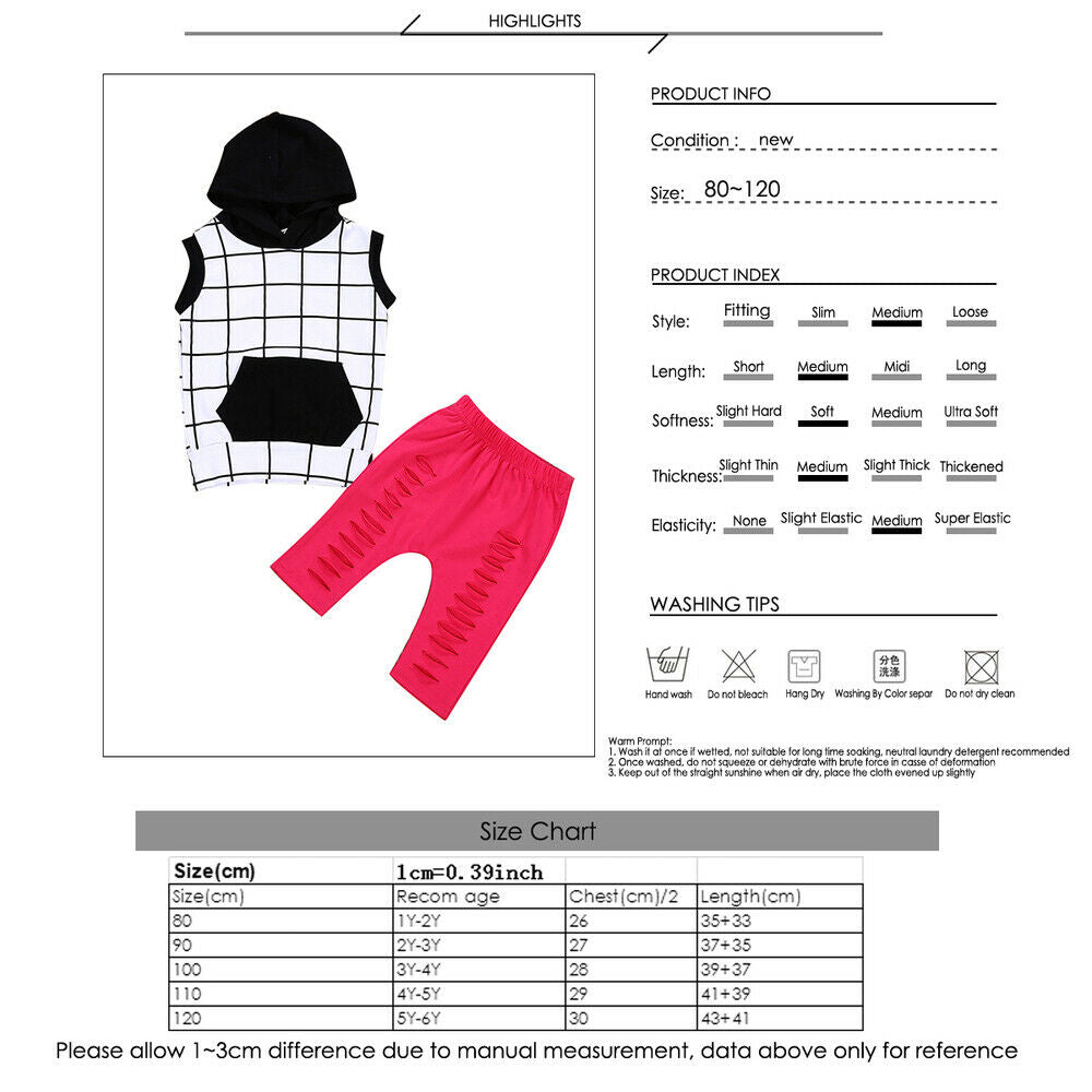 2PCS Toddler Kids Baby Girls Summer Outfits Clothes Hooded Tops+Ripped Pants Set