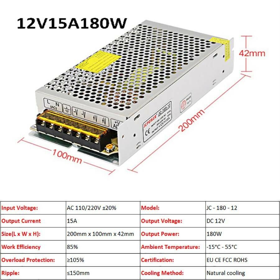 12V 15A 180W DC Regulated Switching Power Supply PSU Monitor LED Strip Camera