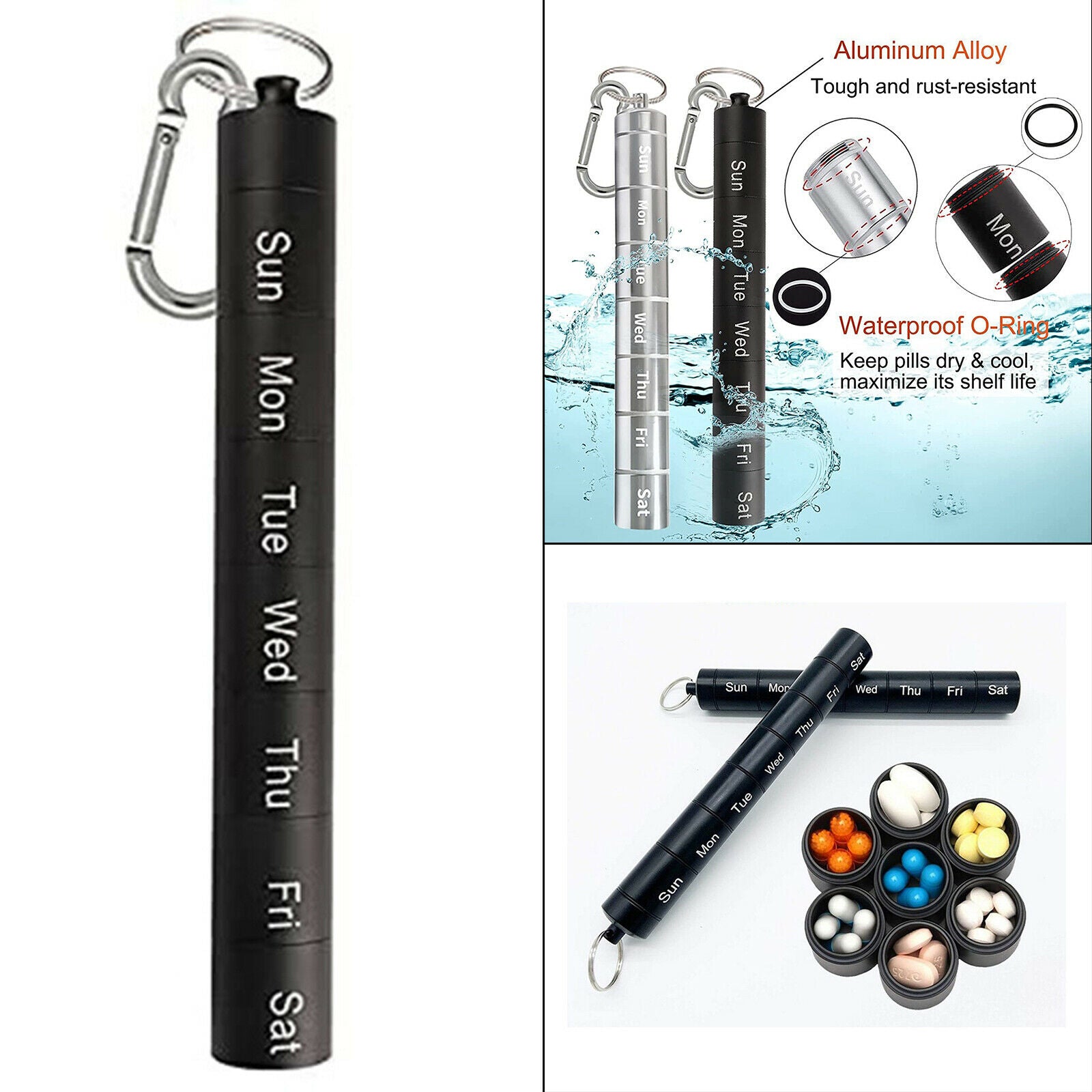 Pill Organizer 7 Day Daily Pill Case Waterproof Pill Tube Holder  Black