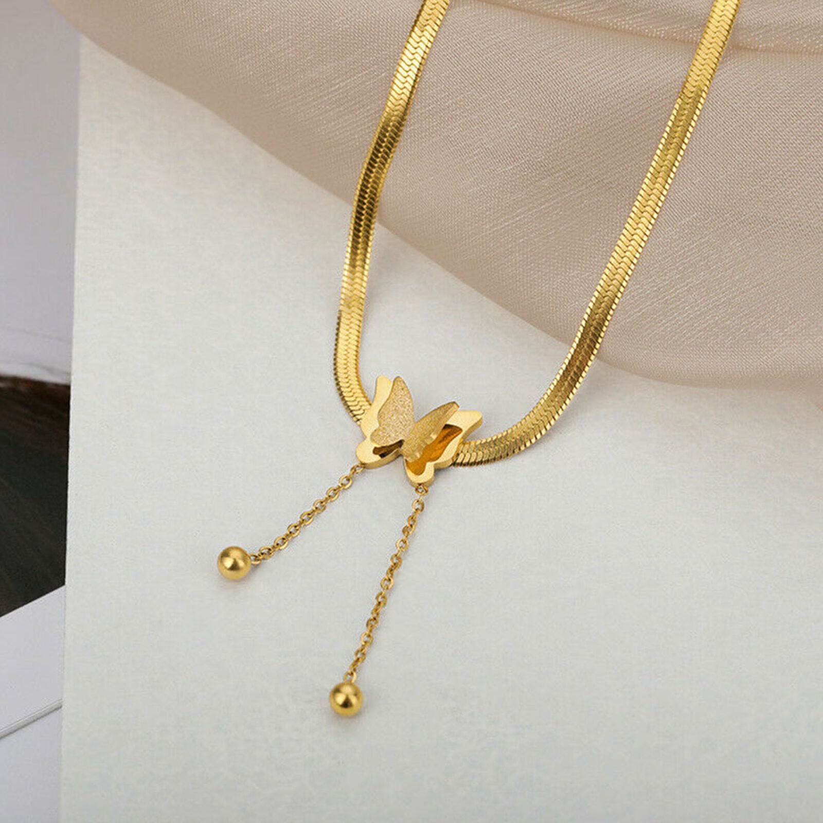 Women Butterfly Pendant Choker Adjustable Chain Charm Stainless Steel Necklace