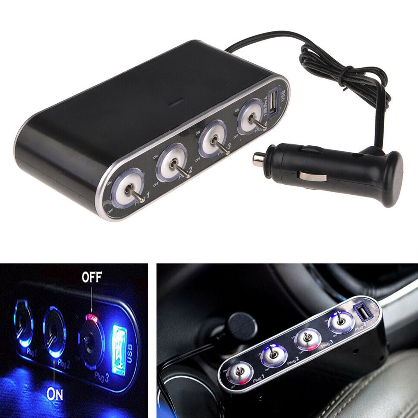 12V/24V 4-WAY MULTI SOCKET CAR  LIGHTER SPLITTER + USB PORT CHARGER