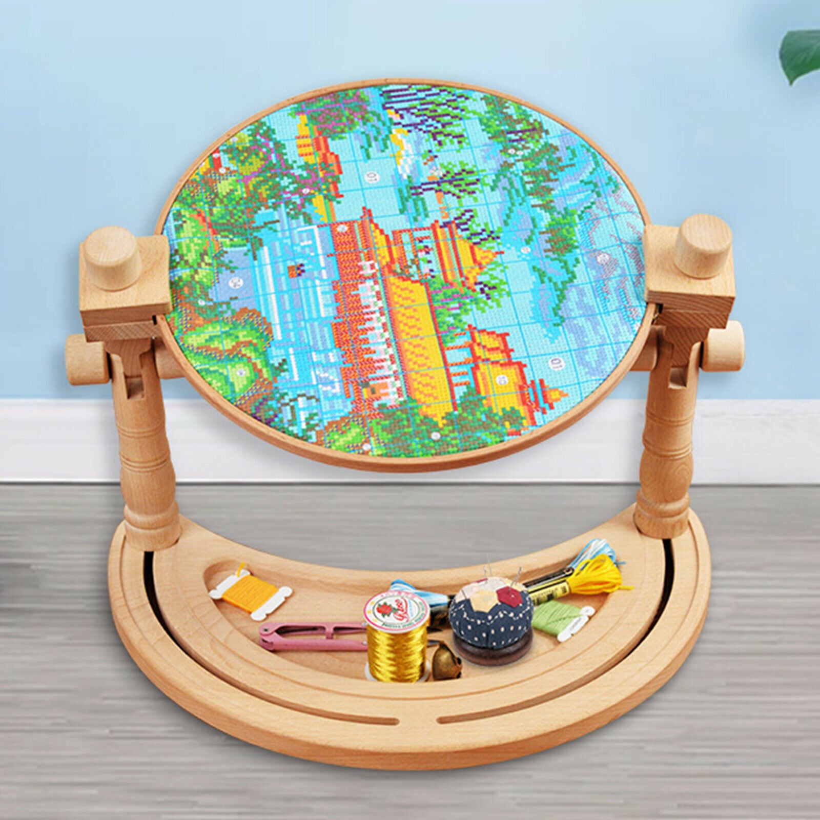 Retro Style Adjustable Solid Wood Needlework Table Stand Embroidery Frame