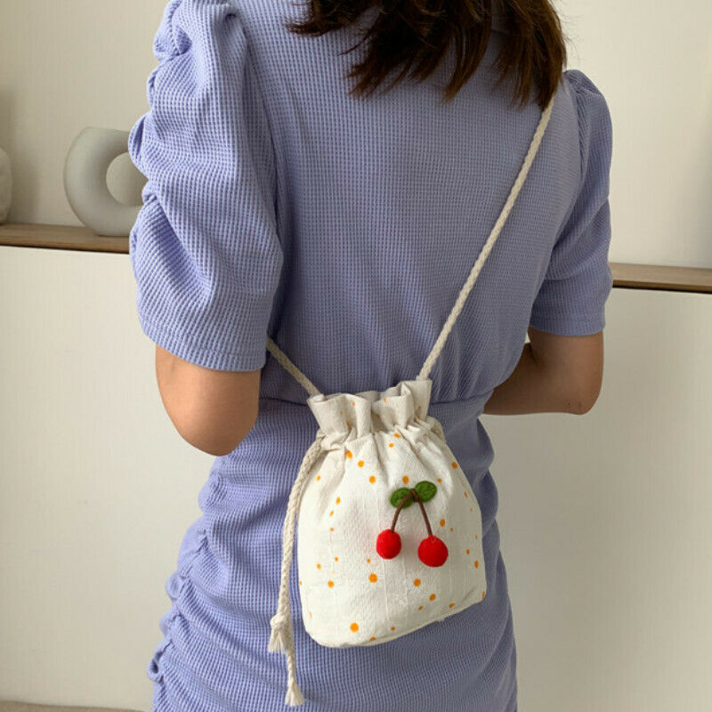 Girls Bucket Bag Canvas Floral Crossbody Handbag Drawstring Sack Cherry Ornament