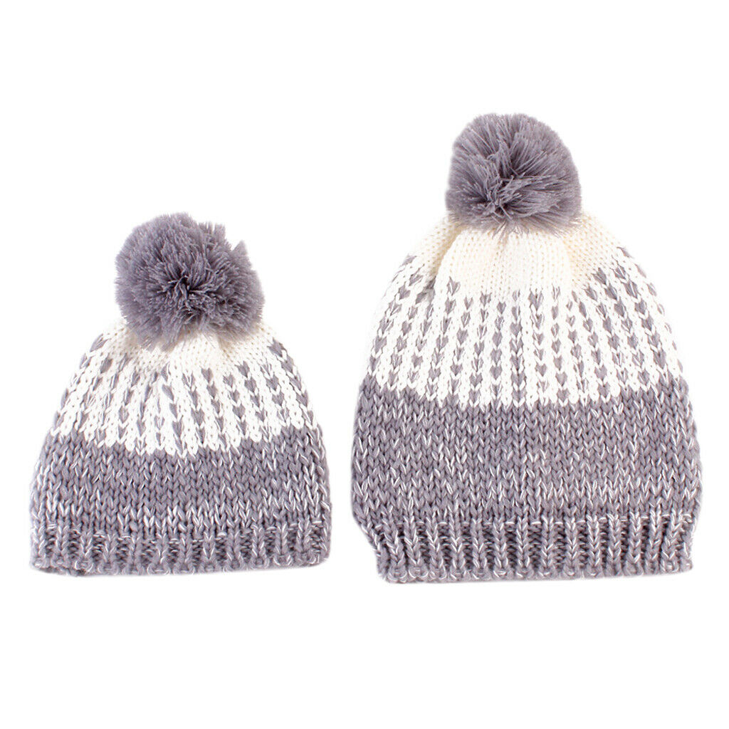 Winter Stylish Warm Novelty Mom Baby Knitted Pom Bobble Hat   Gray