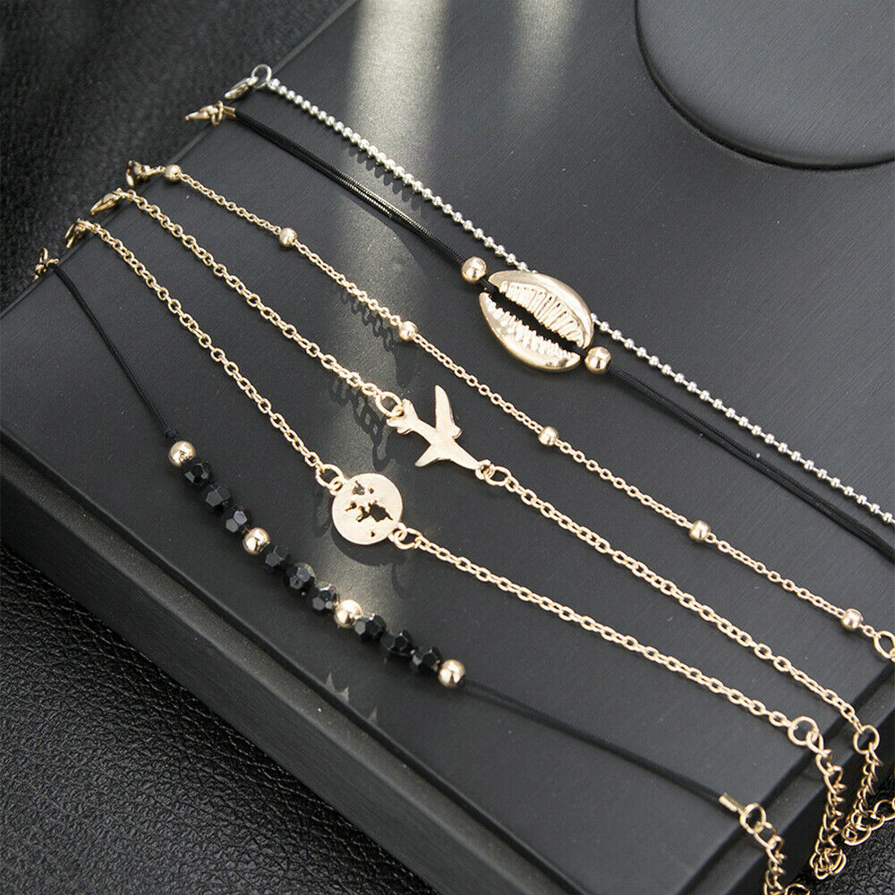 6 Pcs Fashion Women Boho Shell Airplane Beads Map Chain Bracelet Bangle Jewelry