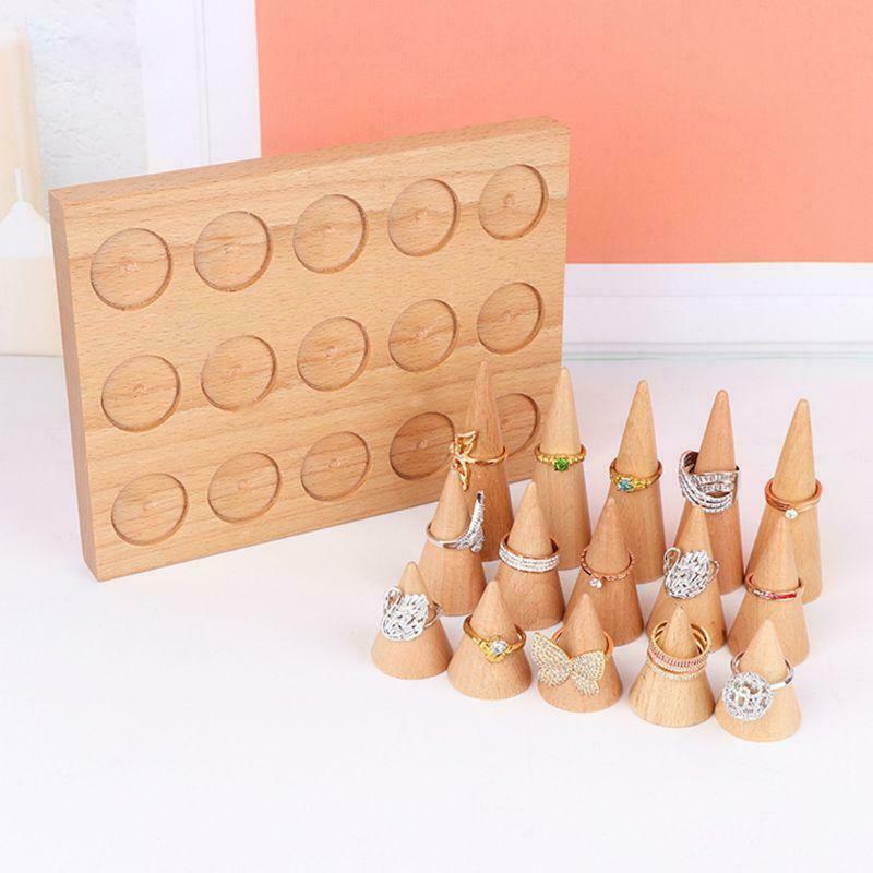 Natural Wood Finger Ring Stand Jewelry Display Holder Showcase Bracelets Display