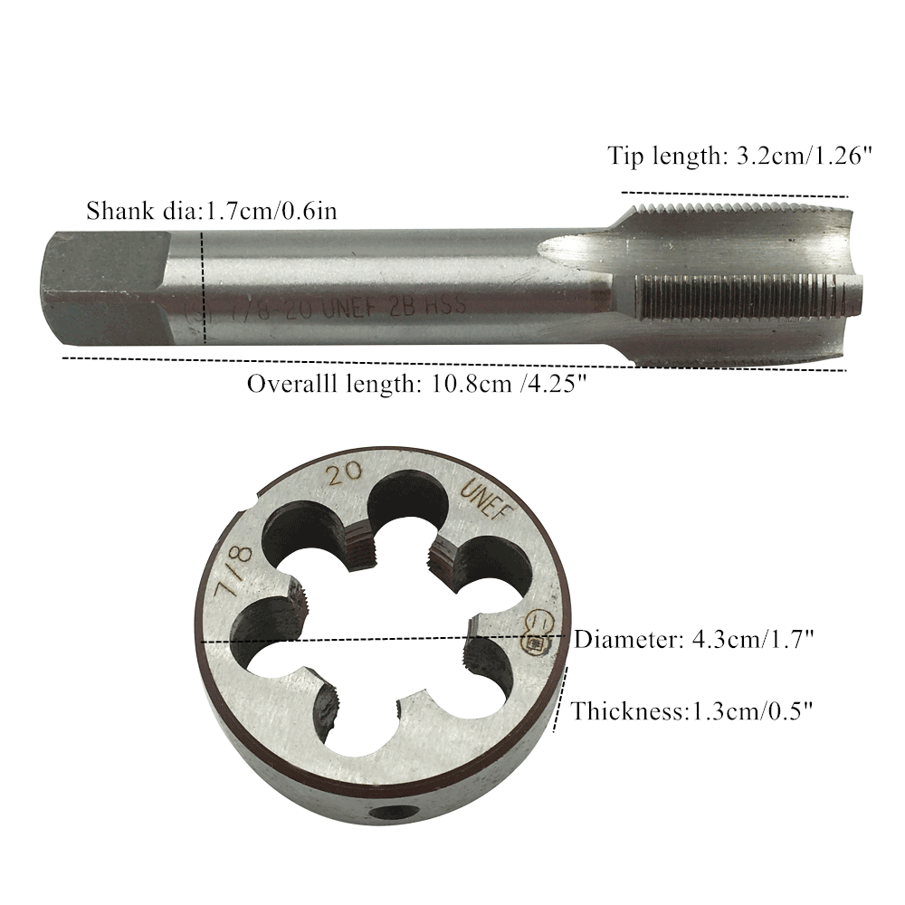 7/8" -20TPI Tap and Die Set HSS Right Hand Thread 7/8-20UNEF Tap 7/8- 20UNEF Die