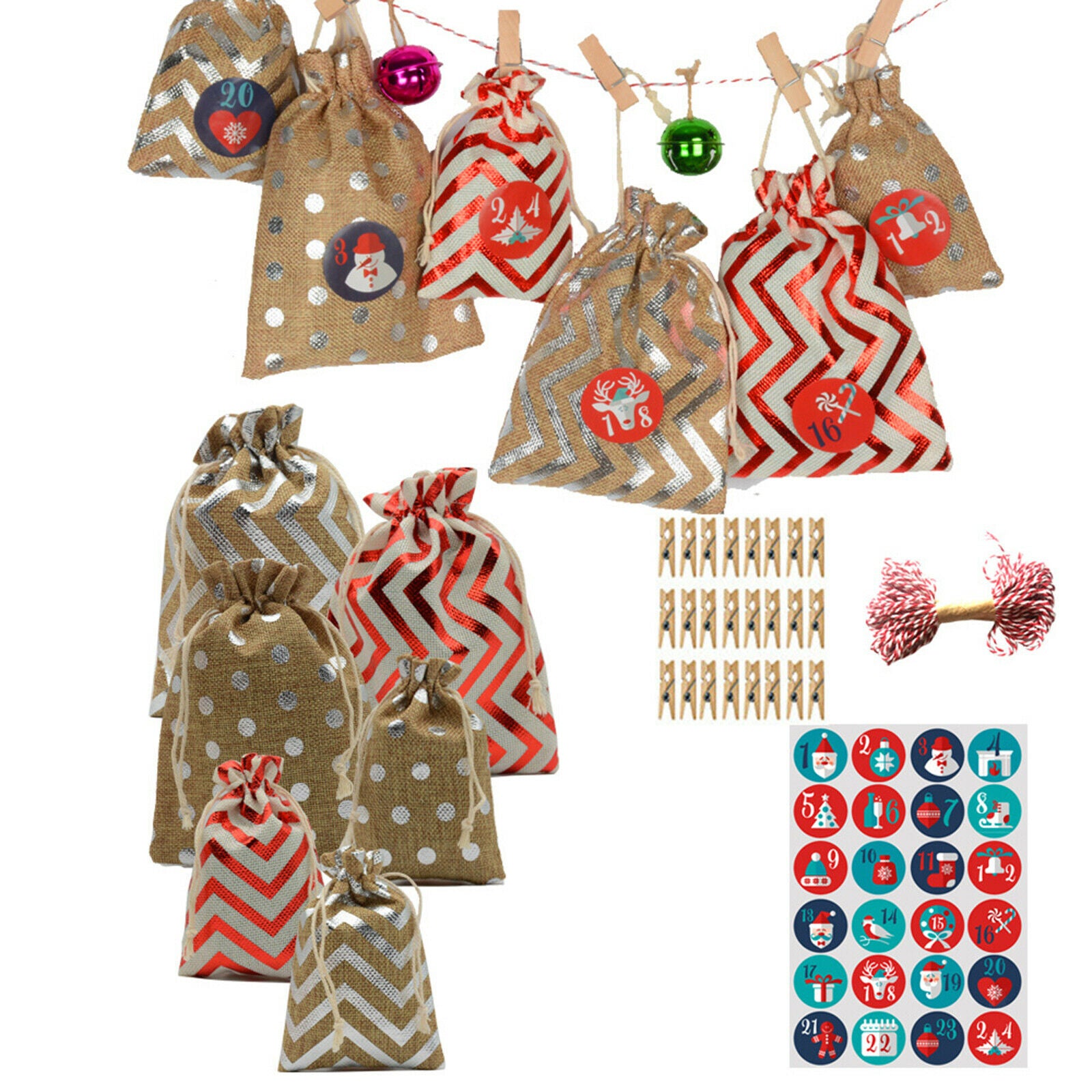 Set of 24 Christmas Advent 24 Days Burlap Countdown Candy Gift Bags 10x14cm