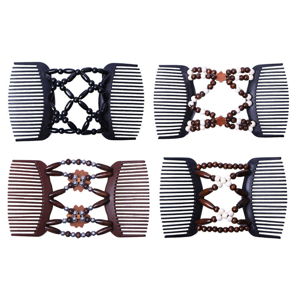 4x Wood Beads Double Hair Comb Ladies Hair Styling Slide Stretchy Clip