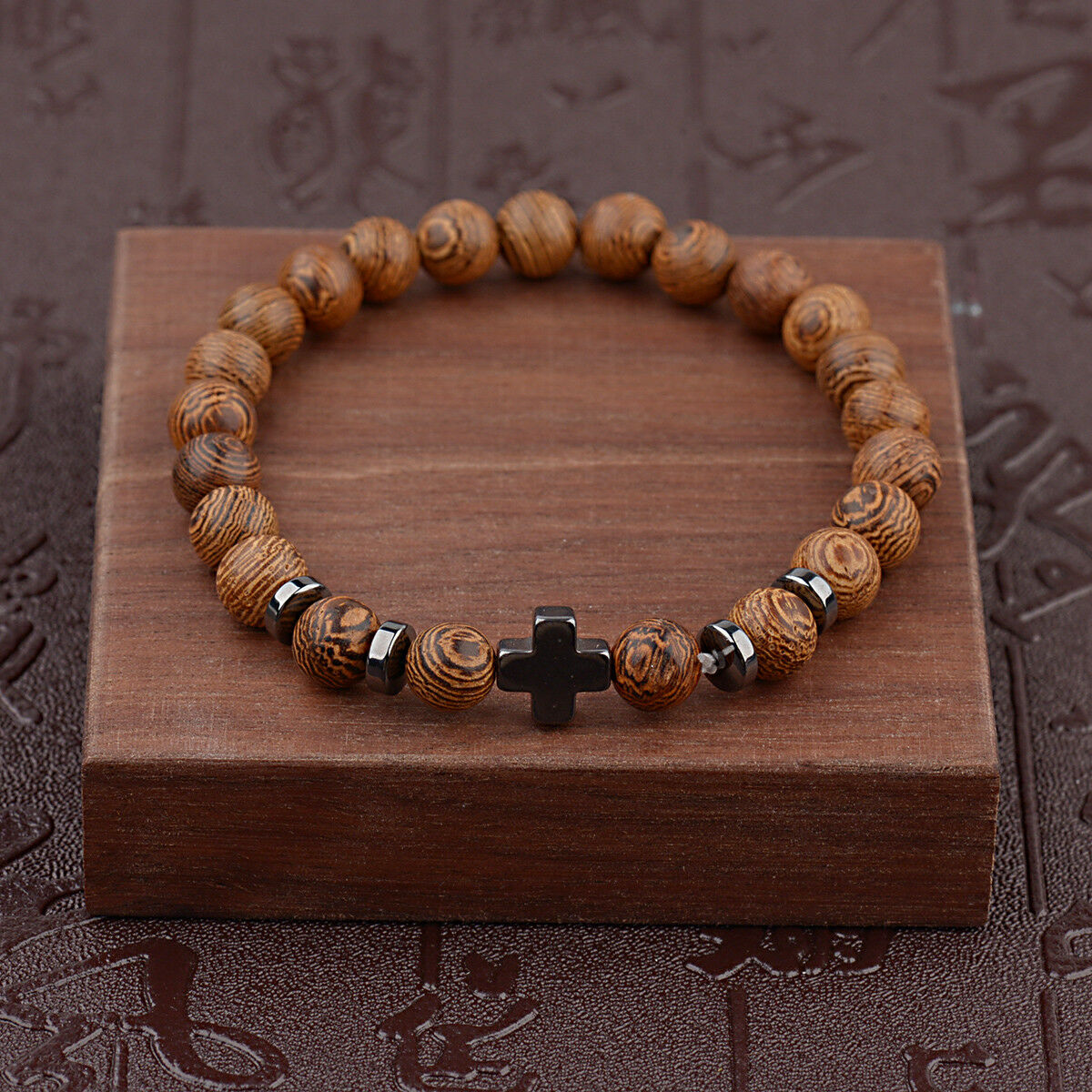 Hot Hematite Cross Wooden Bracelets Stretchy Bracelet Beads Wooden For Men Women