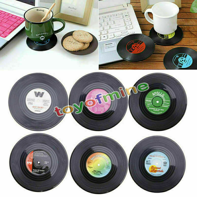 6PCS Round Vinyl Coaster Groovy Record Cup Drinks Holder Mat Tableware Placemat