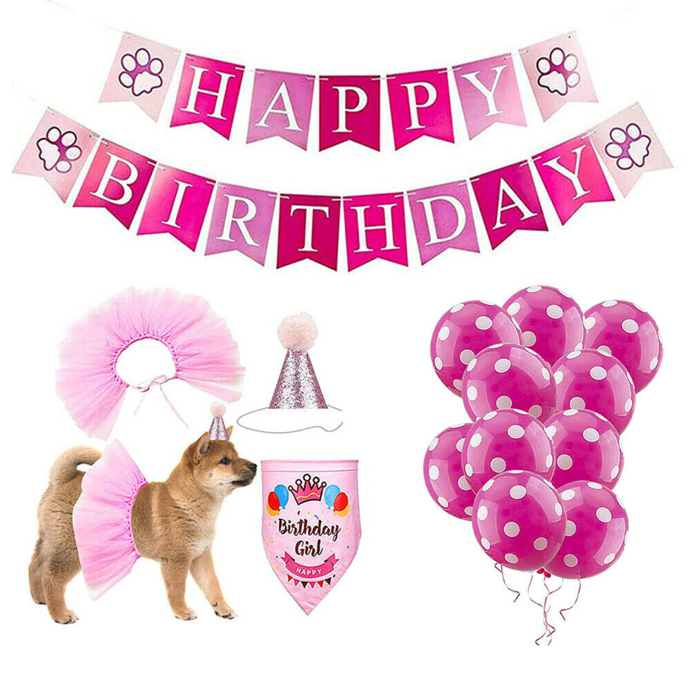 Pet Dog Happy Birthday Party Supplies Pink Themed Balloons Banner Hat Skirt