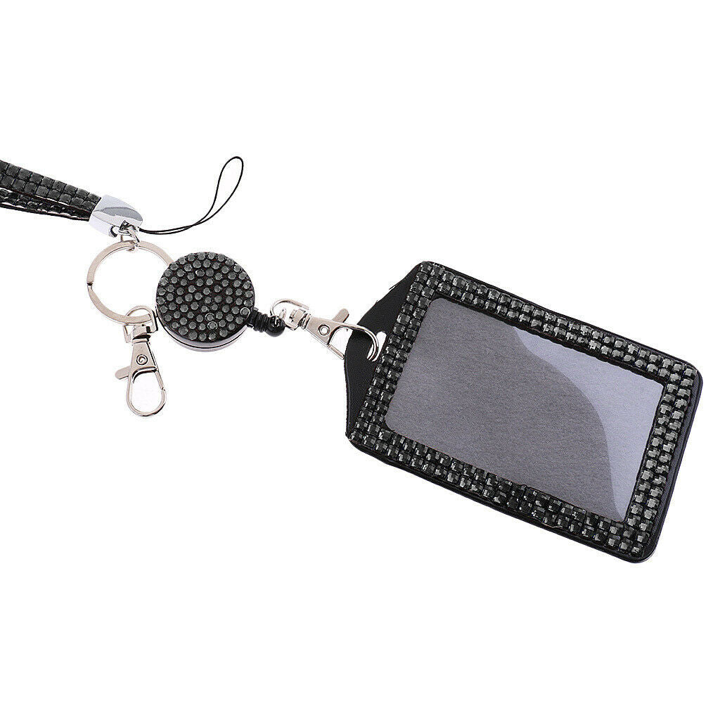 Unisex Black Crystal Lanyard with Retractable Reel Card ID Badge Holder