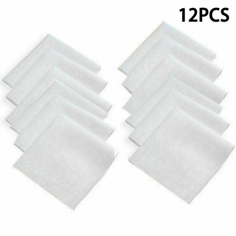 New 12Pcs Men Pocket Plain White Cotton Handkerchiefs Hankies Sweat Face Towel