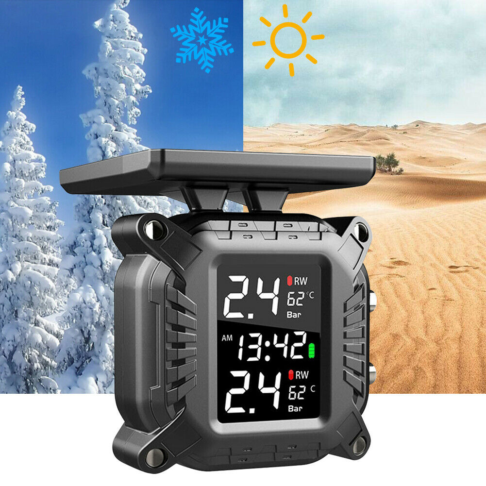 Waterproof Solar Motorcycle TPMS LCD Tire Pressure Monitor System w/ 2 Sensors