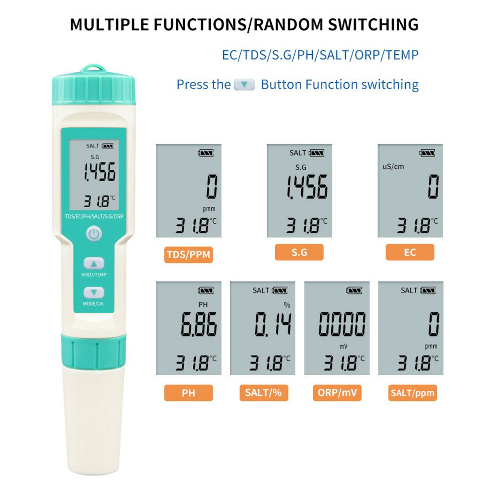 Water Quality Test Meter PH TDS TEMP EC SG ORP Temperature 7 in 1 Measures