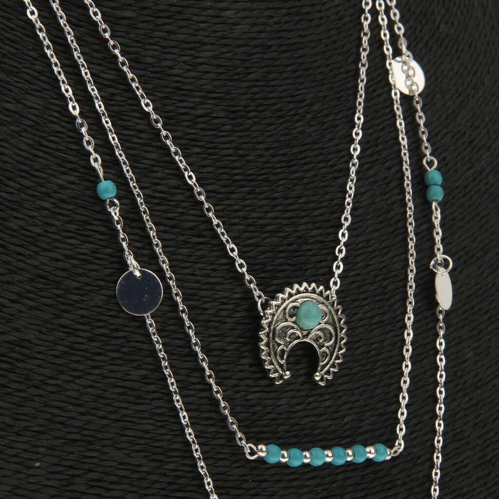 Retro Boho Turquoise Crescent Moon Pendant Multilayer Long Chain Necklace
