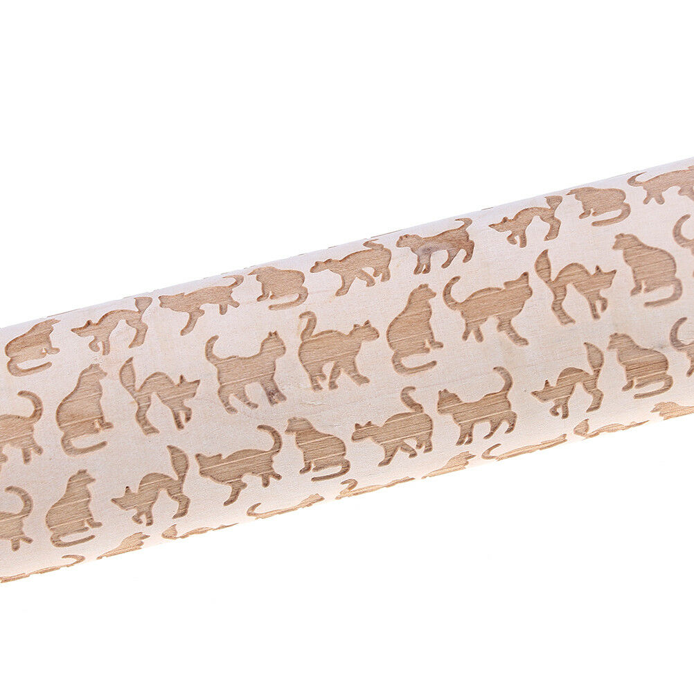 Cat Pattern Wooden Engraved Rolling Pin Cut Cookie Cake Pizza Baking Tool tdJ SJ