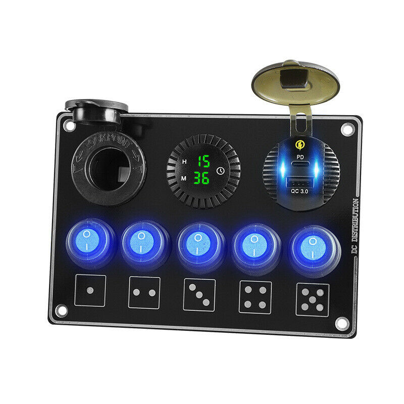 LED Clock Digital Display PD QC3.0 Cigarette Lighter Charge 5-port Switch Panel
