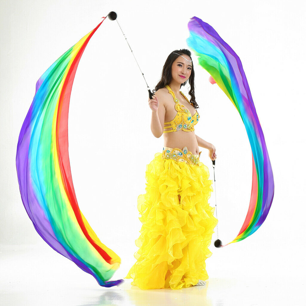 2X Belly Dance Silk Veil Poi Throw Balls Dancing Accessories Rainbow