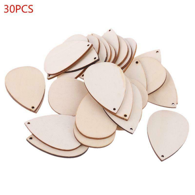 30pcs Waterdrop Shape Natural Wooden Ornaments Holes Blank Slices DIY Scrapbook